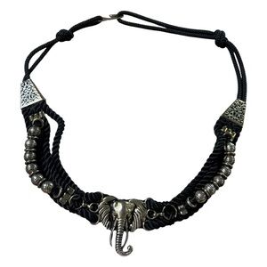Elephant Statement Rope Belt 38” Length Black Silver Festival Boho